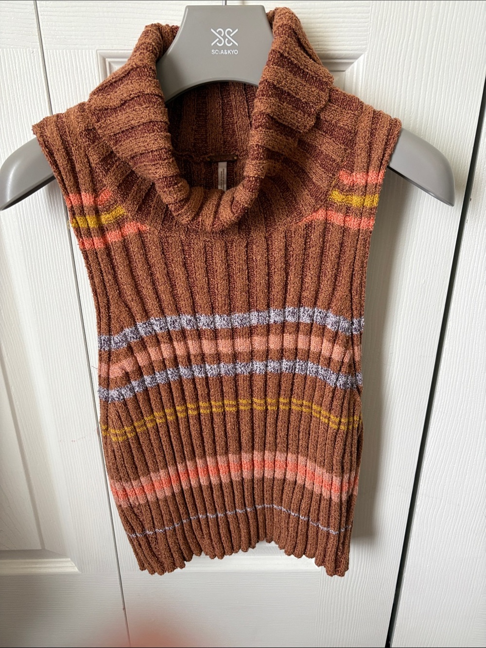 Free People Brown Ribbed Sleeveless Cowl Neck Vest with Stripes